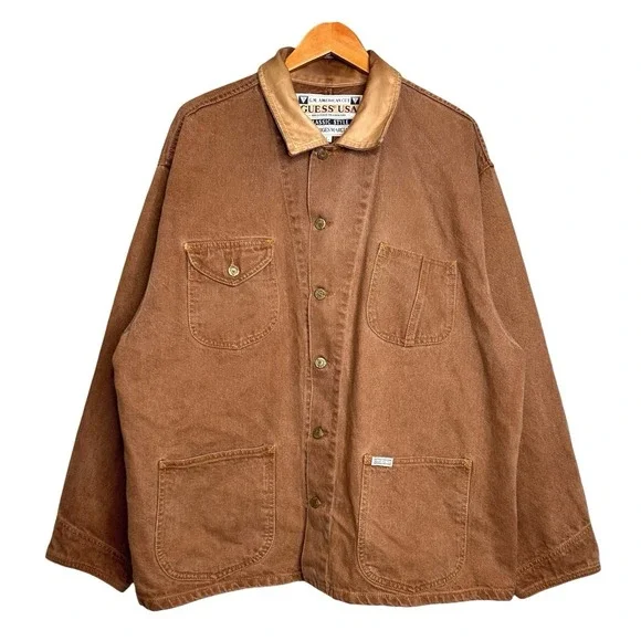 Vintage 90s Guess Workwear Jacket Mens L Brown Canvas Leather Collar Chore Coat - Picture 2 of 13